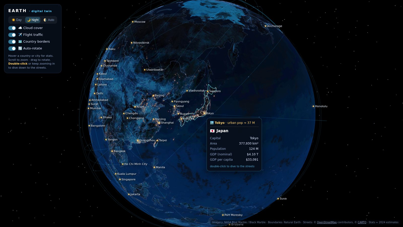 Interactive 3D Earth globe showing city lights at night