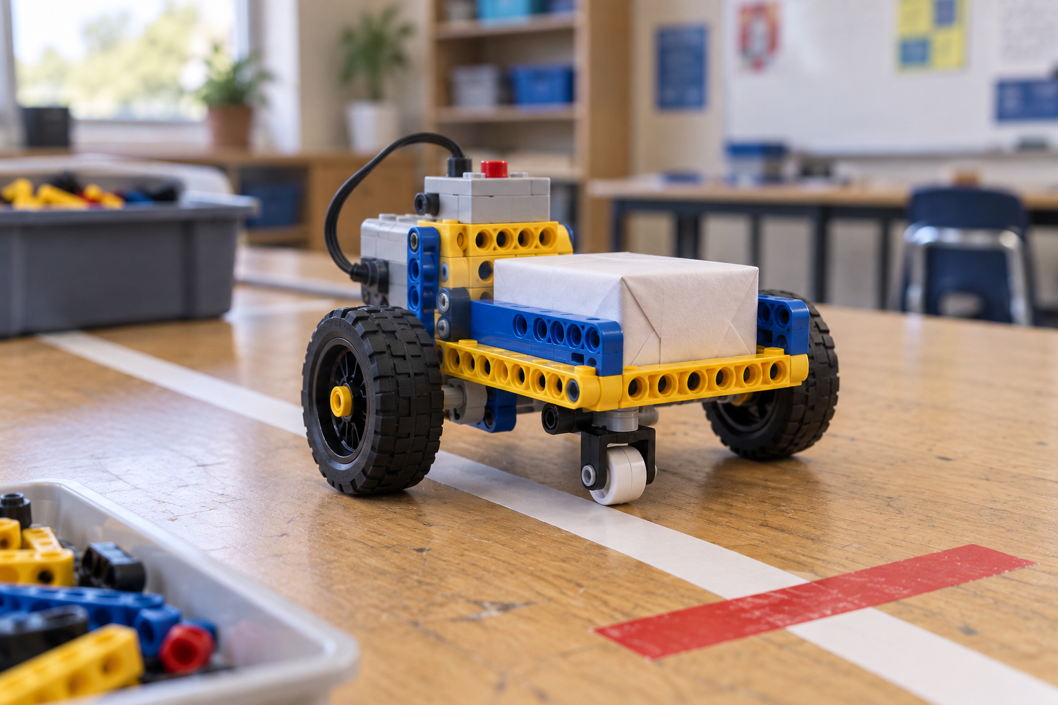 Illustration of a yellow and blue brick robot carrying a paper parcel on a classroom table